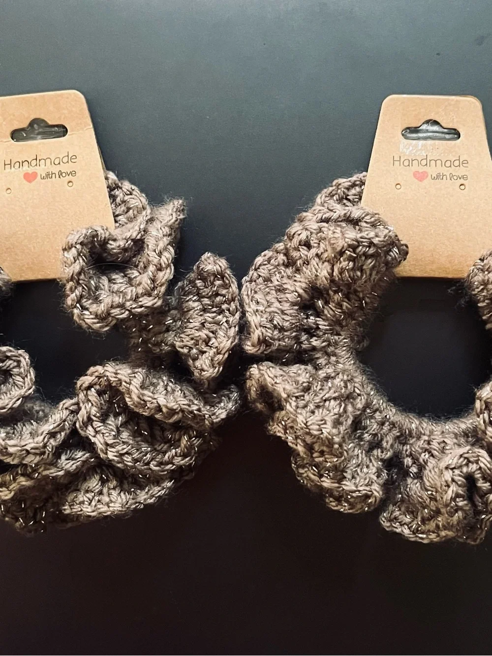 Set of 2 Extra Ruffle Crochet Hair Scrunchies Sparkling Brown - Handmade NIP